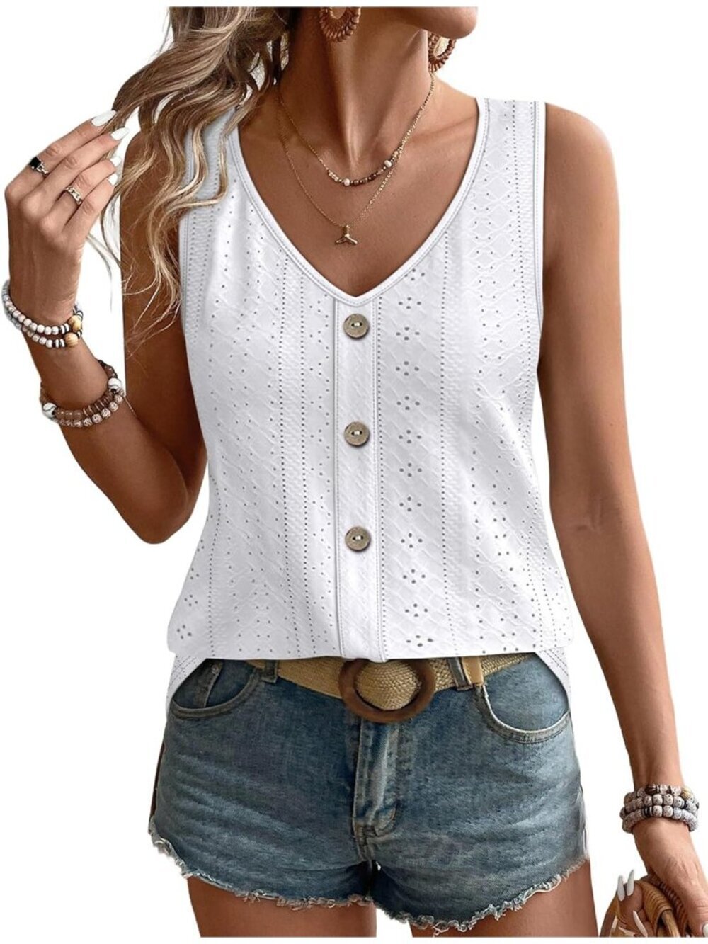 Women's white Tank Tops Loose Casual Summer Eyelet V Neck Basic Sleeveless Shirt